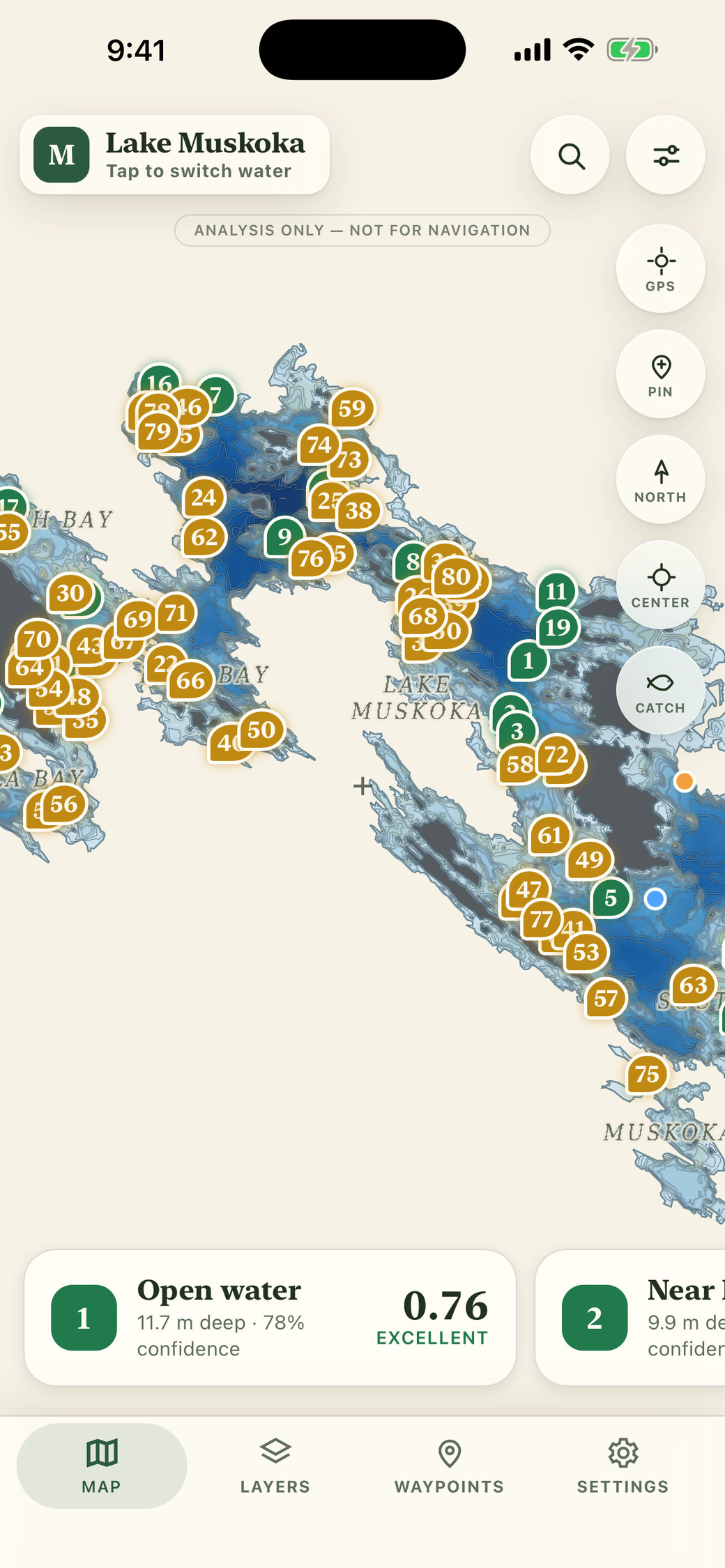 Anglers Edge map of Lake Muskoka with ranked fishing spots