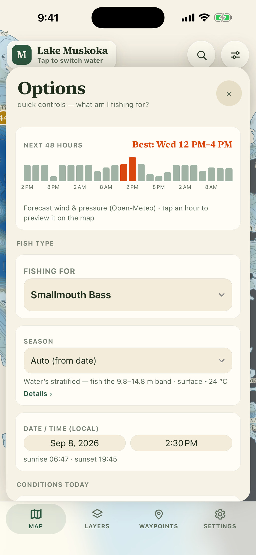 48-hour bite window forecast and conditions in Anglers Edge